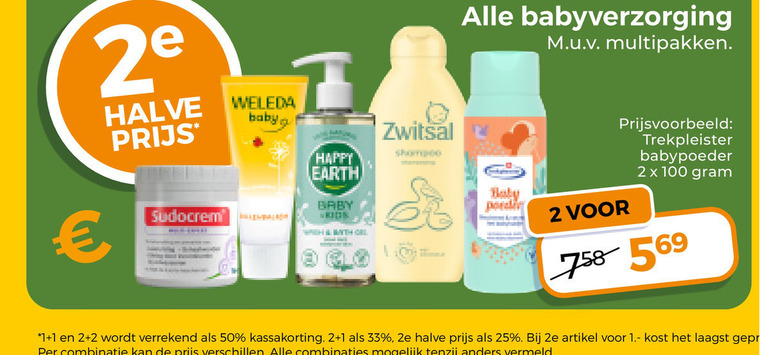 babyverzorging 1 2 25 33 50 100 2e halve sudocreme weleda baby happy earth wish with zwitsal shampoo multipakken trekpleister babypoeder artikel combinatie combinaties vermeld folder aanbieding bij Trekpleister