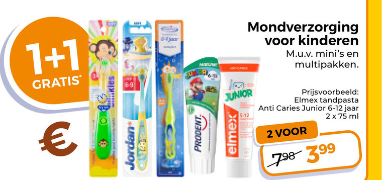 prodent elmex tandpasta tandenborstel 1 2 7 69 mondverzorging kinderen multipakken jordan junior anti caries jaar ml folder aanbieding bij Trekpleister Prodent tandenborstel, tandpasta folder aanbieding bij Trekpleister - details