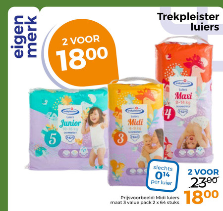 trekpleister huismerk luierbroekjes luiers 2 3 4 5 64 1800 merk junior midi maxi luier maat pack stuks 18 folder aanbieding bij Trekpleister Trekpleister Huismerk luiers, luierbroekjes folder aanbieding bij Trekpleister - details