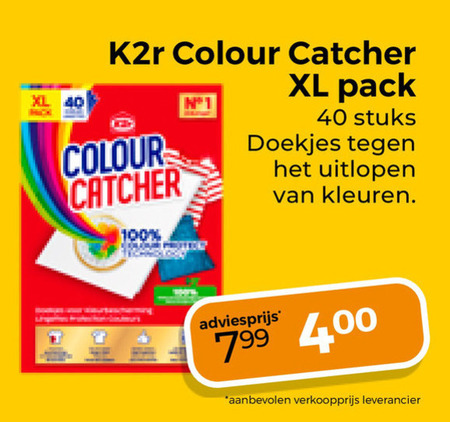k2r wasdoekjes 40 100 400 xl colour catcher pack stuks doekjes kleuren folder aanbieding bij Trekpleister K2r wasdoekjes folder aanbieding bij Trekpleister - details