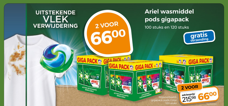 ariel wasmiddel 2 100 120 verwijdering giga pack gigapack stuks verzending action impeccable land color folder aanbieding bij Trekpleister Ariel wasmiddel folder aanbieding bij Trekpleister - details