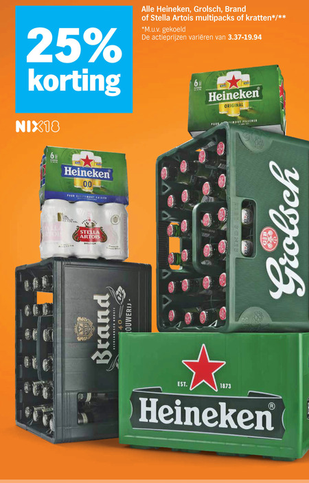 heineken 0.0 stella artois brand grolsch krat bier 6 25 40 nix18 multipacks kratten m.u.v gekoeld varieeren blikken original puur mout 00 pour sier belgium belichting folder aanbieding bij Albert Heijn Stella Artois krat bier folder aanbieding bij Albert Heijn - details