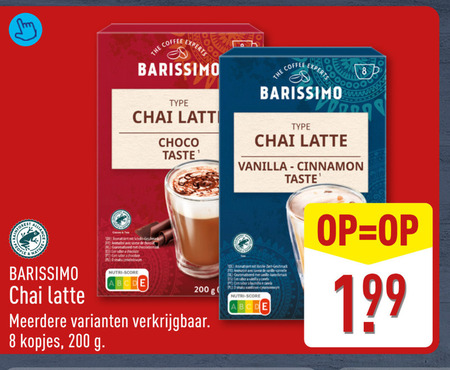 barissimo thee 8 200 coffee experts chai choco taste people latte cocos two r avec saveur chocolat dl chocoladesmaak sabor chocolate nutri score meerdere kopjes vanilla cinnamon vanille canelle gearomatiseerd folder aanbieding bij Aldi Barissimo thee folder aanbieding bij Aldi - details
