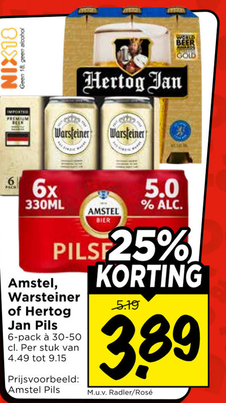 warsteiner amstel hertog jan blikjes bier 6 18 nix18 alcohol premium pack 6x 330ml pils stuk radler rosee world beer gold folder aanbieding bij Vomar Amstel blikje bier folder aanbieding bij Vomar - details