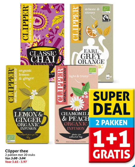 clipper thee 1 2 20 natural fair delicate gb fairtrade classic organic lemon chai infusion ginger bags plastic free pakken stuks earl grey orange light fruity peach with ring super deal folder aanbieding bij Hoogvliet Clipper thee folder aanbieding bij Hoogvliet - details
