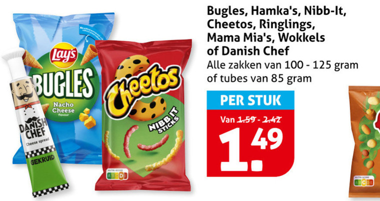lays cheetos zoutjes 100 bugles danish chef cheese spread gekruid nacho flavour nibbit sticks nibb it ringlings mama wokkels zakken tubes stuk folder aanbieding bij Hoogvliet Lays zoutje folder aanbieding bij Hoogvliet - details