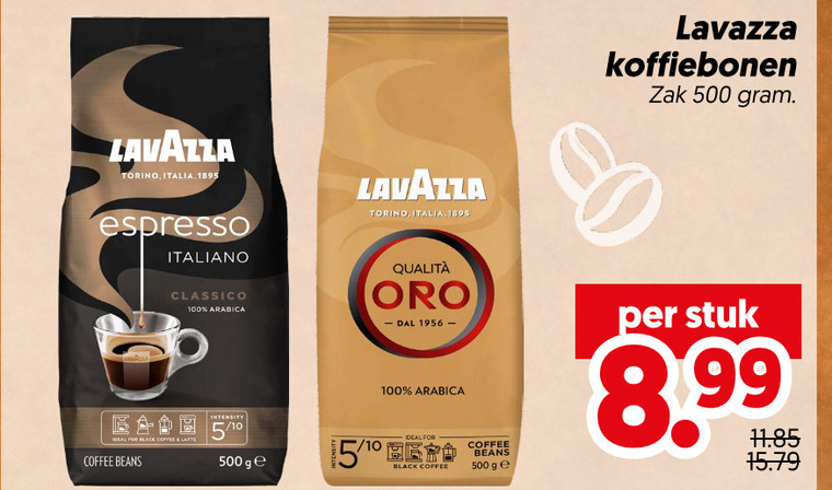 lavazza koffiebonen 8 10 100 500 torino italia espresso italiano classico for black coffee latte beans arabica intensity ge qualita deal 15 zak stuk folder aanbieding bij Dekamarkt Lavazza koffiebonen folder aanbieding bij Dekamarkt - details