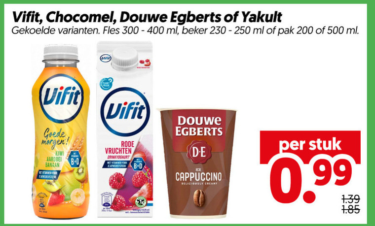 chocomel vifit optimel douwe egberts chocolademelk ijskoffie drinkyoghurt 200 250 500 yakult fles ml beker pak kiwi aardbei banaan b rode vruchten vitaminen afweersysteem cappuccino creamy stuk folder aanbieding bij Dekamarkt Chocomel chocolademelk, drinkyoghurt folder aanbieding bij Dekamarkt - details