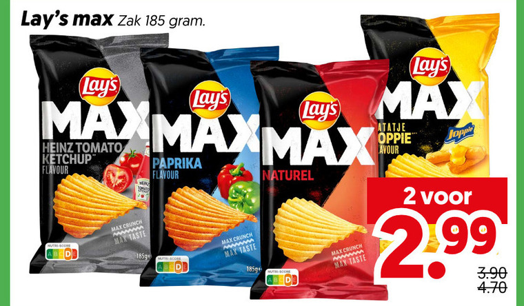 lays chips 2 zak heinz tomato ketchup flavour paprika crunch www may taste naturel nutri score joppie folder aanbieding bij Dekamarkt Lays chips folder aanbieding bij Dekamarkt - details