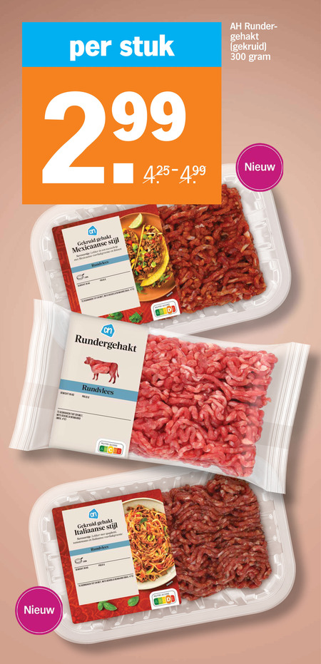 rundergehakt 4 300 stuk runder gehakt gekruid mexicaanse stijl serveertip roerbakgroente limoen rundvlees gewicht gebruiken gekoeld nutri score b italiaanse spaghetti tomatensaus folder aanbieding bij Albert Heijn