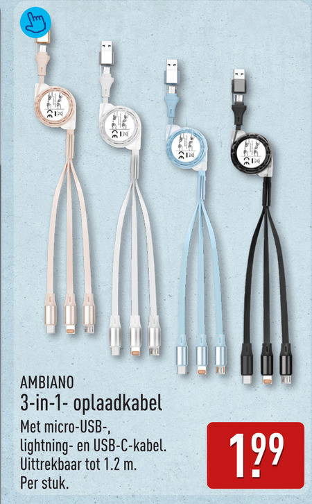 usb kabel 3 oplaadkabel micro uittrekbaar 1.2 stuk folder aanbieding bij Aldi