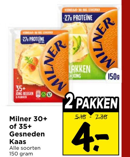 milner kaasplakken 2 6 27 150 279 proteine 35 jong belegen 30 gesneden kaas soorten lakken pakken folder aanbieding bij Vomar Milner kaasplakken folder aanbieding bij Vomar - details