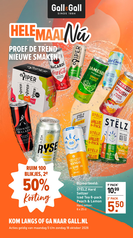 hard seltzer 2 4 5 6 10 18 25 50 60 69 100 250 1884 proef trend nieuwe smaken viper pack ml bacardi coca cola mixed with perfectly rum iced tea mees juicy trio green west coast jameson irish whiskey ginger lime 250ml cooler original tropical fruit flavoured wine calorie serving vodka and mango smirnoff crush peach cranberry johnnie walker whisky classic mix scotch born rising lemon slice haro 0.0 alcohol sparkling blikjes 2e water hint natural zero sugar each 1 kom langs gall.nl maandag oktober folder aanbieding bij Gall & Gall