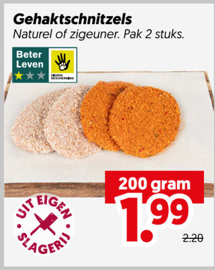 gehaktschnitzels 2 200 naturel zigeuner pak stuks beter leven folder aanbieding bij Dekamarkt