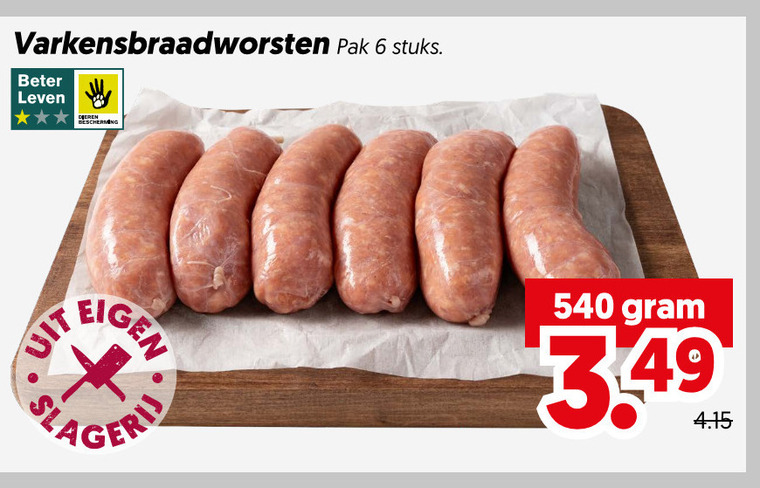 braadworst 6 varkensbraadworsten pak stuks beter leven bescherming sla folder aanbieding bij Dekamarkt