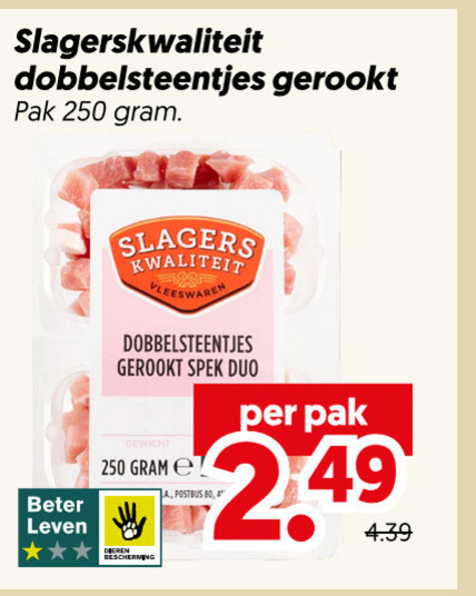 spekblokjes 4 80 250 slagerskwaliteit dobbelsteentjes gerookt pak beter leven slagers vleeswaren spek duo folder aanbieding bij Dekamarkt
