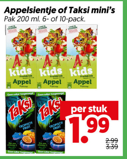 appelsientje taksi fruitdrank 10 200 pak ml pack laag calorien calorie kids appel fruitdrink pomme suiker tropisch vitamine fruit stuk folder aanbieding bij Dekamarkt Taksi fruitdrank folder aanbieding bij Dekamarkt - details