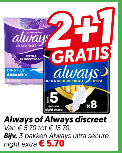 always maandverband inlegkruisjes 1 2 3 5 urineverlies discreet ultra secure night pakken folder aanbieding bij Dekamarkt Always inlegkruisjes, maandverband folder aanbieding bij Dekamarkt - details
