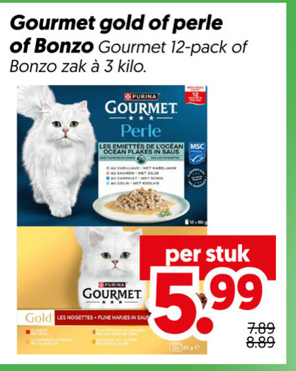 bonzo gourmet hondenvoer kattenvoer 3 12 gold pack zak kilo purina les ocean flakes saus saumon zalm schol noisettes fijne hapjes stuk 5 99 12x ge folder aanbieding bij Dekamarkt Bonzo kattenvoer, hondenvoer folder aanbieding bij Dekamarkt - details
