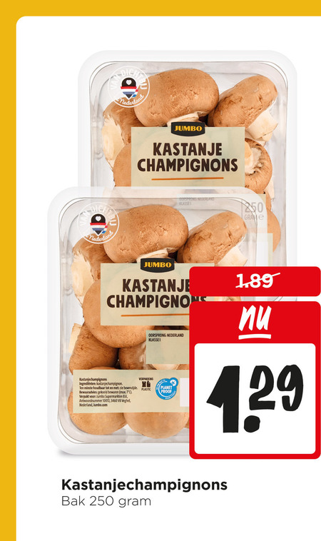kastanjechampignons 7 50 250 jumbo kastanje champignons oorsprong nederland klasse champignonsoep houdbaar bovenzijde plastic bewaaradvies gekoeld verpakt supermarkten antwoordnummer planet proof bak folder aanbieding bij Jumbo