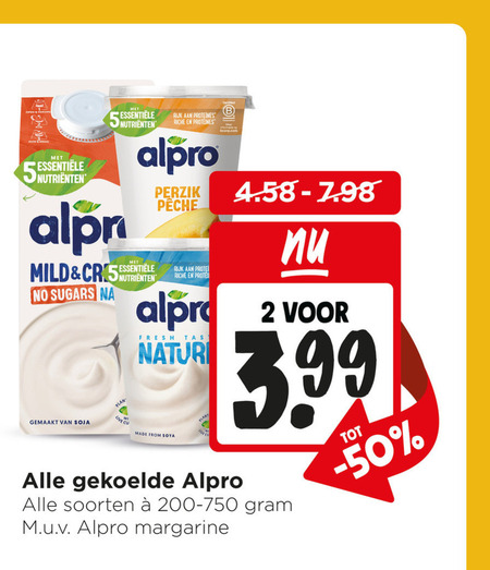 alpro soja yoghurt melk 2 5 nutrienten rijk proteines riche perzik mild sugars gemaakt live fresh natur from soya b 3.99 soorten 200-750 margarine folder aanbieding bij Jumbo Alpro soja melk, soja yoghurt folder aanbieding bij Jumbo - details