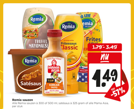 remia fritessaus snacksaus satesaus mayonaise 2 15 31 44 100 300 500 jaar truffel enige classic asian favorites mama asia korean mayor wok grill sauce sauzen ml frites stuk folder aanbieding bij Jumbo Remia mayonaise, fritessaus folder aanbieding bij Jumbo - details