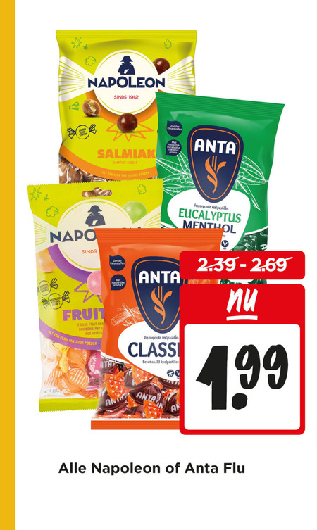 napoleon anta flu snoep salmiak kogels kern poeder fruit frisse bonbons aux zuur poederblussers kleurstoffen natuurlijk eucalyptus menthol aroma verzorgende keelpastilles classic ca. folder aanbieding bij Jumbo Napoleon snoep folder aanbieding bij Jumbo - details