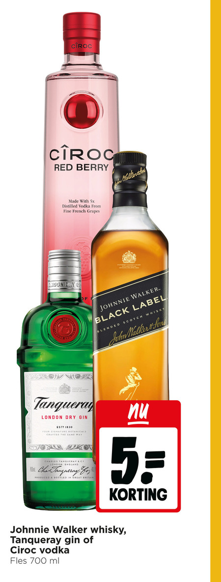 tanqueray ciroc johnnie walker gin wodka whisky 4 5 700 1830 roc red berry with 5x distilled vodka from fine french grapes by dry tand black label blended scotch john london four signature botanicals crafted same charles co england for produced bottled britain fles ml folder aanbieding bij Jumbo Ciroc whisky, gin folder aanbieding bij Jumbo - details