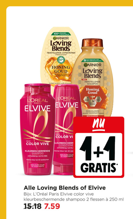 elvive garnier loving blends shampoo conditioner 1 2 3 40 100 250 recycled recyclebaar siliconen paris honing goud acacia bijenwas ontwart herstelt punt fles gemaakt gerecycled plastic manuka color vive vitamin uv filter intense kleur wasbeurten gekleurd haar highlights tekenen gespleten punten haarbreuk flessen ml folder aanbieding bij Jumbo Elvive shampoo, conditioner folder aanbieding bij Jumbo - details