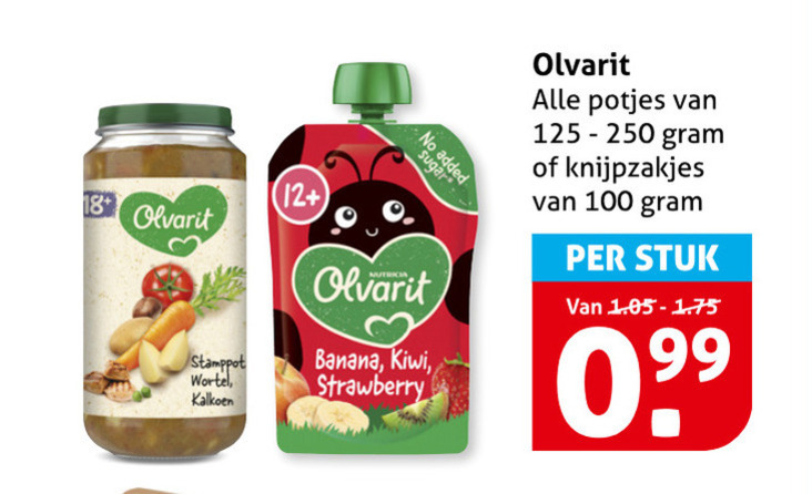 olvarit babyvoeding 100 250 18 stamppot wortel kalkoen 12 sugar banana kiwi strawberry potjes knijpzakjes stuk folder aanbieding bij Hoogvliet Olvarit babyvoeding folder aanbieding bij Hoogvliet - details