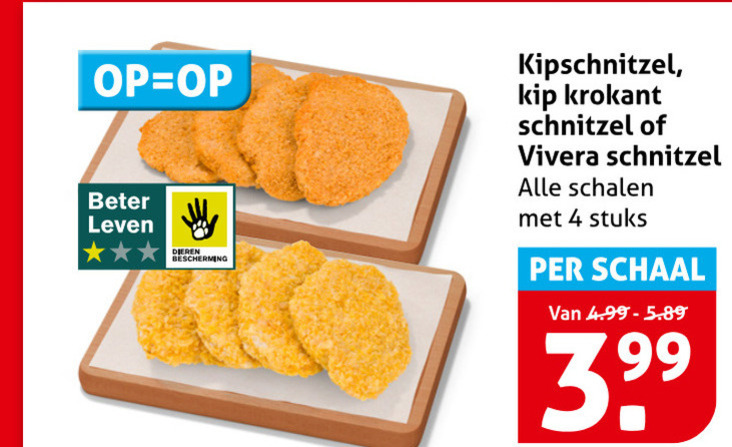 vivera vegetarisch kipschnitzels 4 kipschnitzel kip krokant beter leven dieren bescherming schnitzel schalen stuks schaal folder aanbieding bij Hoogvliet Vivera kipschnitzel, vegetarisch folder aanbieding bij Hoogvliet - details