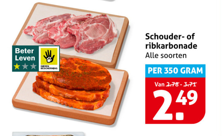 karbonade 350 beter leven dieren bescherming schouder ribkarbonade soorten folder aanbieding bij Hoogvliet