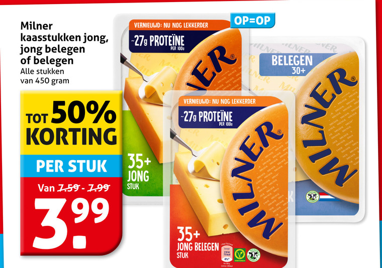 milner kaas 4 50 450 kaasstukken jong belegen stukken stuk vernieuwd 35 100g r 30 vegetarisch energie folder aanbieding bij Hoogvliet Milner kaas folder aanbieding bij Hoogvliet - details