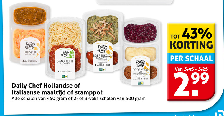 stamppot hollandse kant en klaar maaltijd 3 450 500 daily chef hutspot hachee italiaanse keuken spaghetti boerenkool spekjes jus bolognese rode kool runderhachee appel schaal schalen vaks folder aanbieding bij Hoogvliet