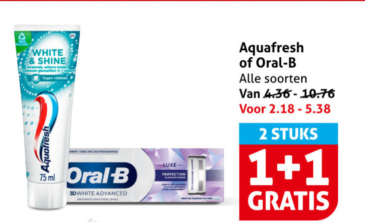 oral-b aquafresh tandpasta 1 2 7 white shine tanden wezen glanseffect vlekken 75ml oral b 3d advanced dentifrice doux luxe soorten stuks folder aanbieding bij Hoogvliet Oral-B tandpasta folder aanbieding bij Hoogvliet - details