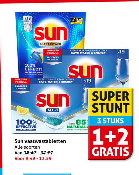 sun vaatwasmiddel 1 2 3 100 x18 capsules ultra power all improved formula protects your effective eco short save water energy efficace sans 99 stains vaatwastabletten soorten with cleaning super stuks folder aanbieding bij Hoogvliet Sun vaatwasmiddel folder aanbieding bij Hoogvliet - details
