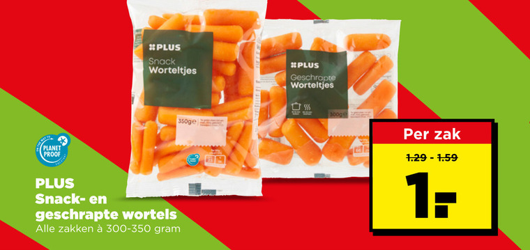 worteltjes 1 planet proof snack geschrapte wortels zakken 300g zak folder aanbieding bij Plus