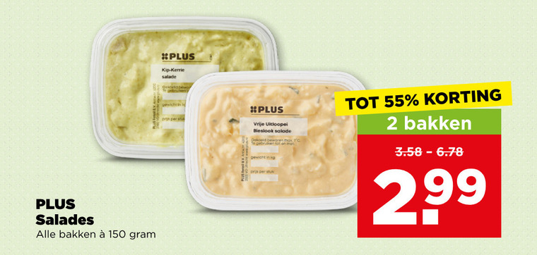 plus huismerk salade 2 55 150 salades bakken kip kerrie gewicht vrije uitloopeieren bieslook gebruiken 99 folder aanbieding bij Plus Plus Huismerk salade folder aanbieding bij Plus - details