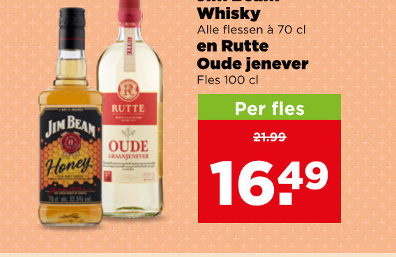 jim beam rutte jenever whisky 100 honey oude graanjenever flessen fles folder aanbieding bij Plus Rutte jenever, whisky folder aanbieding bij Plus - details
