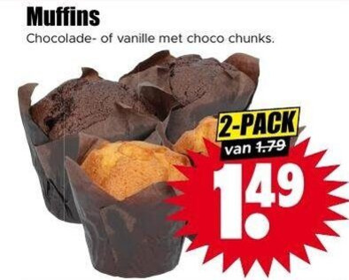 muffins 2 chocolade vanille choco chunks pack folder aanbieding bij Dirk