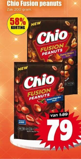 chio zoutjes 200 fusion peanuts zak new source protein sweet paprika style curry orient folder aanbieding bij Dirk Chio zoutje folder aanbieding bij Dirk - details