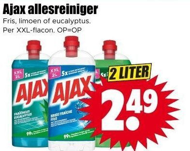 ajax allesreiniger 2 99 fris limoen eucalyptus xxl flacon liter fraiche folder aanbieding bij Dirk Ajax allesreiniger folder aanbieding bij Dirk - details