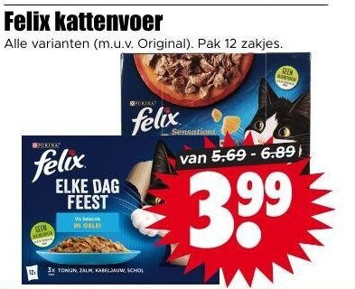 felix kattenvoer 12 original pak zakjes purina dag feest gele sensation 3.99 tonijn schol folder aanbieding bij Dirk Felix kattenvoer folder aanbieding bij Dirk - details