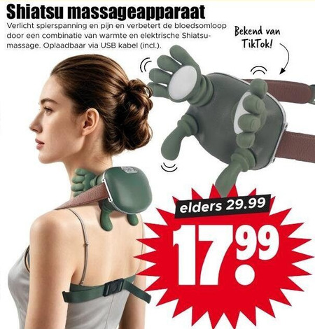 massageroller shiatsu massageapparaat verlicht spierspanning pijn bloedsomloop combinatie warmte elektrische massage oplaadbaar usb kabel elders folder aanbieding bij Dirk