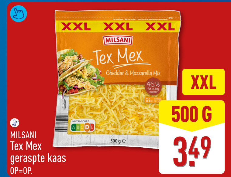 geraspte kaas 45 500 ci cia xxl milsani nutri score cheddar mozzarella mix ge dry matterende folder aanbieding bij Aldi