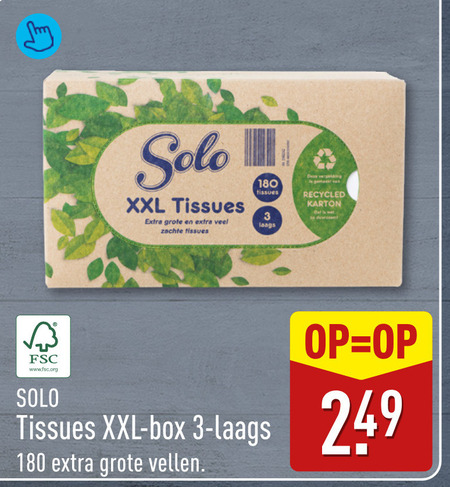 tissues 3 180 solo xxl zachte recycled karton fsc www.fsc.org box vellen folder aanbieding bij Aldi