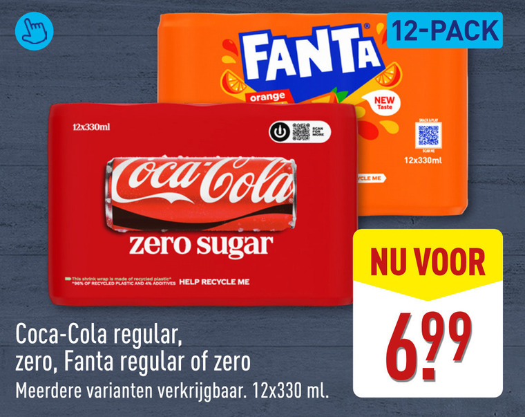 fanta coca-cola frisdrank cola 4 12 96 mm orange pack new taste coca zero sugar this wrap recycled plastic and help recycle regular scan meerdere ml folder aanbieding bij Aldi Coca-Cola cola, frisdrank folder aanbieding bij Aldi - details