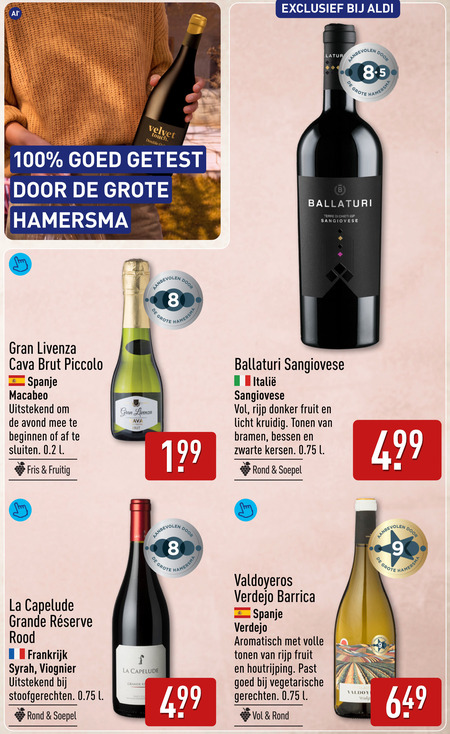 witte wijn rode 8 9 100 hamersma velvet touch double getest sangiovese cava brut piccolo spanje macabeo avond l fris fruitig ava rijp donker fruit licht kruidig tonen bramen bessen zwarte kersen rond soepel la grande rood frankrijk syrah stoofgerechten re pays barrica aromatisch volle houtrijping vegetarische gerechten folder aanbieding bij Aldi