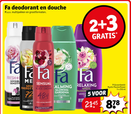 fa douchegel deodorant 2 3 5 250 douche multipakken grootformaten salts fresh invisible sensitiv alcohol for sensitive anti stains techno rose hawthorne gentle to skin sensual glamorous energy black orchid protection coolfresh lasting freshness glowing gardenia mood calming fragrance relaxing mystic passion parfum scent shower cream passionflower ml ginger with antibacterial effect folder aanbieding bij Kruidvat Fa deodorant, douchegel folder aanbieding bij Kruidvat - details
