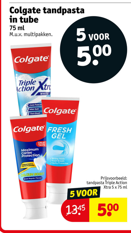 colgate tandpasta 3 5 500 1345 tube ml multipakken triple action white protection fresh breath taste gel caries strong calcium boost regular flavour folder aanbieding bij Kruidvat Colgate tandpasta folder aanbieding bij Kruidvat - details